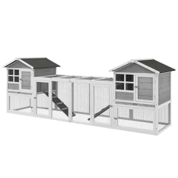 PawHut Adapost din Lemn pentru Iepuri pentru Exterior cu 2 Custi si Zona Deschisa Imprejmuita cu Usi si Rampe, 259x64x92 cm, Gri imagine