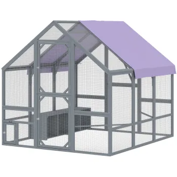 PawHut Adapost pentru gaini cu husa rezistenta la intemperii 2 cuiburi 2 barne de odihna pentru 8-10 gaini lemn 211 x 186,5 x 185,5 cm Gri inchis | Aosom Romania imagine
