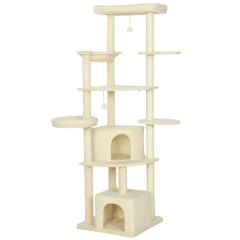 PawHut Ansablu de joaca pentru pisici, 2 casute, 2 paturi si hamac, 200cm, bej | Aosom Romania imagine