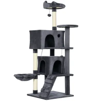 PawHut Ansamblu de joaca pentru pisici cu 2 casute, culcus si Hamac, 140 cm, Gri | Aosom Romania imagine