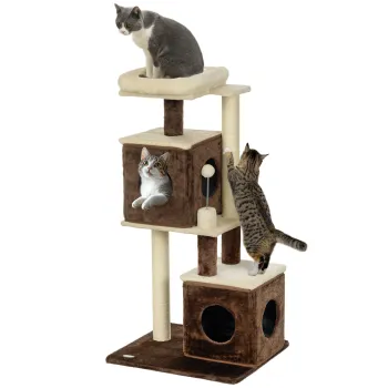 PawHut Ansamblu de Joaca pentru Pisici cu 2 Casute, Pat, Platforme de Sarit si Minge de Joaca, 55x48x107 cm, Multicolor | Aosom Romania imagine