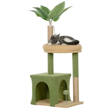 PawHut Ansamblu de Joaca pentru Pisici cu Casuta, 2 Jucarii cu Bila si Pat Verde si Maro | Aosom Romania imagine