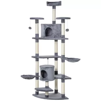 PawHut Ansamblu de joaca pentru pisici, cu inaltime de 200cm cu stalpi din sisal, compartimente si hamace din PAL si plus, 60x60x200cm, gri deschis | AOSOM RO imagine