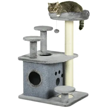 PawHut Ansamblu de Joaca pentru Pisici cu Platforme, Pat, Casuta si Stalpi din Sisal, 60x48x92 cm, Gri | Aosom Romania imagine