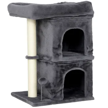PawHut Ansamblu de joaca pentru pisici de pana la 7 kg cu 2 casute, pat si stalp de sisal, 66cm, Gri | Aosom Romania imagine