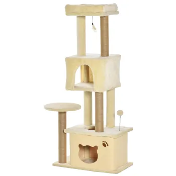 PawHut Ansamblu de joaca pentru Pisici Inalt 136 cm cu Casuta Detasabila, Casuta si Patut, Stalpi din Iuta, Bej | Aosom Romania imagine