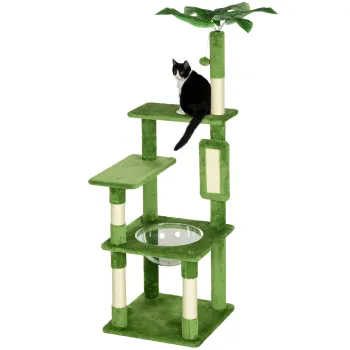 PawHut Ansamblu de Joaca pentru Pisici Multietajat cu Hamac, Stalp de Zgariat si Minge, 49x49x142 cm, Verde | Aosom Romania imagine
