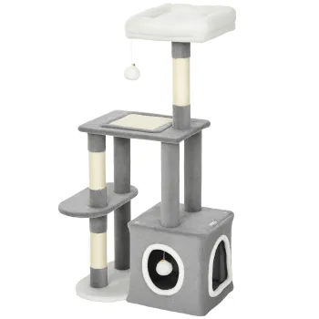 PawHut Ansamblu de joaca zgarietoare pentru pisici cu casuta, pat si 2 mingi, din lemn si plus, 55x40x107 cm, gri si alb | Aosom Romania imagine
