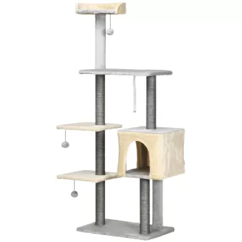 PawHut Ansamblu pentru pisici, cu stalp de zgariat din sisal, rampa, pat casuta, jucarie cu bile, gri deschis | AOSOM RO imagine