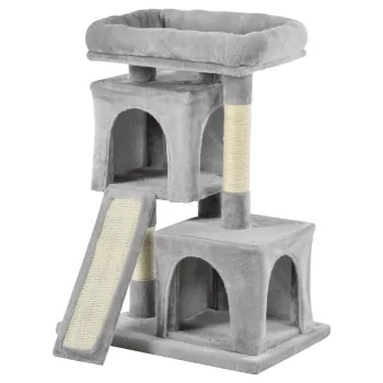 PawHut Ansamblu pentru pisici cu stalpi din sisal, pat si 2 case cu tapiterie de plus, 59x39x83cm, gri imagine