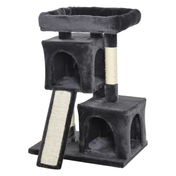 PawHut Ansamblu pentru pisici cu stalpi din sisal, pat si 2 Casute cu invelis de plus, 59x39x83cm, Negru | AOSOM RO imagine