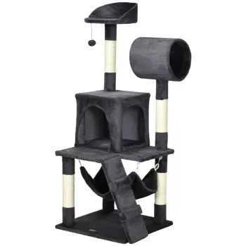 PawHut Ansamblu pentru pisici din plus si sisal cu stalpi pentru zgariat pisici, Casa pentru pisici, hamac, 48x48 x125 cm, gri | AOSOM RO imagine