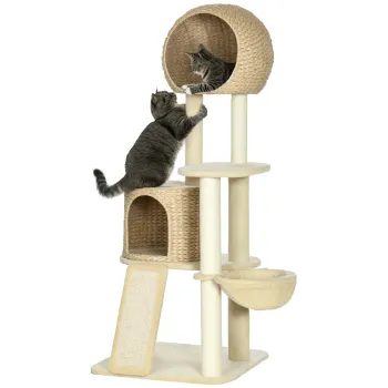 PawHut Arbore de catarat pentru pisici cu sisal natural, 2 cuiburi, platforma, hamac, plus, placi de apa - 60 x 60 x 150 cm, bej | Aosom Romania imagine
