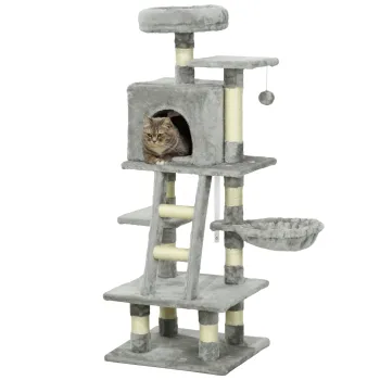 PawHut Arbore de catarat pentru pisici multi-echipat zgaraietori taietori cuiburi platforme + scara + hamac + minge suspendata gri | Aosom Romania imagine