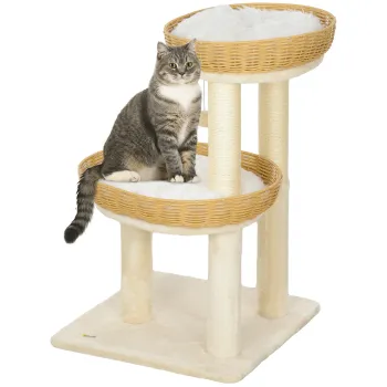 PawHut Arbore de pisici arbore de catarat inaltime 75,5 cm cu doua paturi pentru pisica din rachita zgariere perne lavabile bej | Aosom Romania imagine