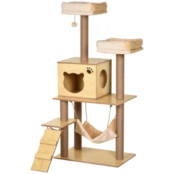 PawHut Arbore de pisici design contemporan cu zgarietoare si saculete sisal natural, saculete, platforme, hamac, bilute, placi de particule bej | Aosom Romania imagine