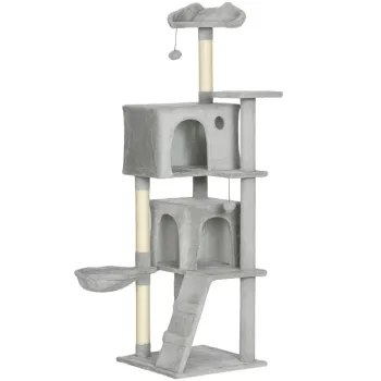 PawHut Arbore de Zgariat pentru Pisici Inalt de 160 cm cu 2 Casute, Hamac, Pat si Stalpi din Sisal, Gri | Aosom Romania imagine