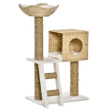 PawHut Arbore pentru pisici copac de catarat zgarda pentru pisici inaltime 100,5 cm cu perne si scara centru de activitati stalpi din sisal | Aosom Romania imagine
