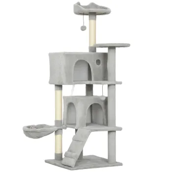 PawHut Arbore Zgariator pentru Pisici Inalt de 140 cm cu 2 Casute, Hamac, Pat si Stalpi din Sisal, Gri | Aosom Romania imagine