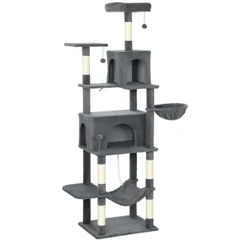 PawHut Arborele pentru Pisici mare, 202 cm, cu 6 Stalpi de Zgariat, 2 Hamace, 2 Stinghii, 2 Pompoane, Gri inchis | Aosom Romania imagine