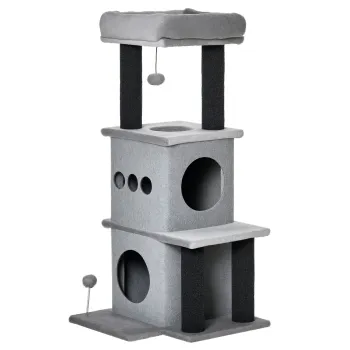 PawHut Arborisoare pentru pisici design cozy-chic multi-echipate centrul de activitati cu zone, platforme, pat, joc cu bile, fetre detasabile si lavabile, placi de particule, plus scurt 48 x 48 x 100 cm gri | Aosom Romania imagine
