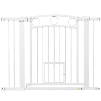 PawHut Bariera de Siguranta Interioara pentru Caini cu 2 Extensii si Usa pentru Pisici, 76-104x77 cm, Alb | Aosom Romania imagine
