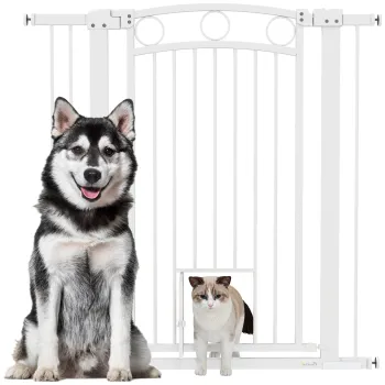 PawHut Bariera de Siguranta Interioara pentru Caini cu 2 Extensii si Usa pentru Pisici, 76-104x77 cm, Alb | Aosom Romania imagine