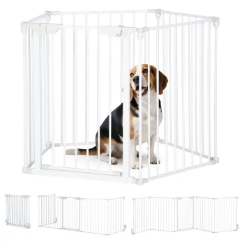 PawHut Bariera de siguranta parc cu inchidere pentru caini modulara, pliabila, cu usa integrata maxim 300L x 74,5H cm metal PP alb | Aosom Romania imagine