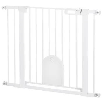 PawHut Bariera Reglabila pentru Caini cu Usa Mica si Montare prin Presiunei si Inchidere Automata, 75-103x76 cm, Alb | Aosom Romania imagine
