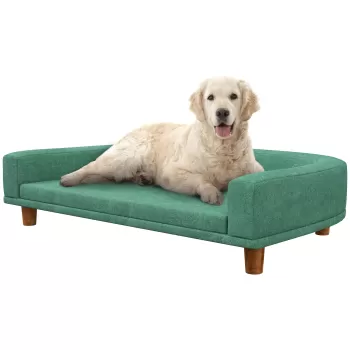 PawHut Canapea pentru Animale de Companie pentru Caini Mari, Pat Inaltat pentru Caini cu Perna Moale, Cadru din Lemn, Lounge pentru Pisoi pentru Instalare Usoara, 98 x 67 x 25 cm, Verde imagine