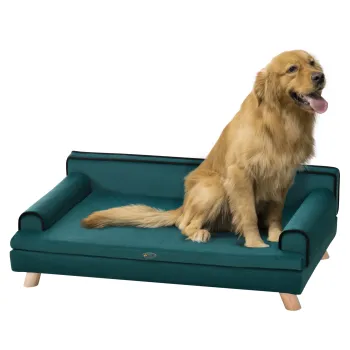 PawHut Canapea pentru Caini Captusit, Culcus pentru Caini cu Husa Detasabila si Picioare din Lemn, 100x62x32 cm, Verde | Aosom Romania imagine