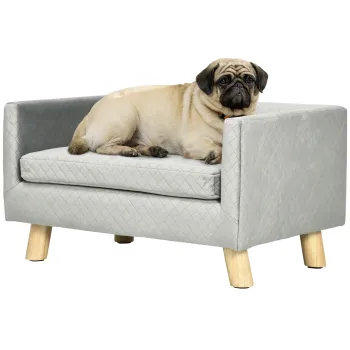 PawHut Canapea pentru Caini si Pisici cu Perna, Culcus pentru Animale din Catifea si Lemn, 64x45x36 cm, Gri | Aosom Romania imagine