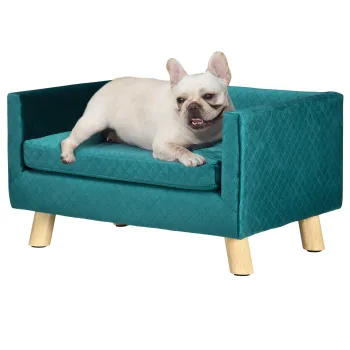 PawHut Canapea pentru Caini si Pisici cu Perna Moale, Culcus pentru Animale din Catifea si Lemn, 64x45x36 cm, Albastru | Aosom Romania imagine