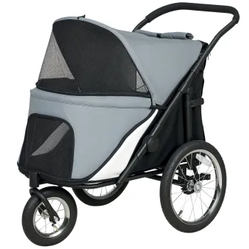 PawHut Carucior pentru caini 3 roti cu pliere usoara, buzunar de depozitare, perna moale, lesa de siguranta, gri | Aosom Romania imagine