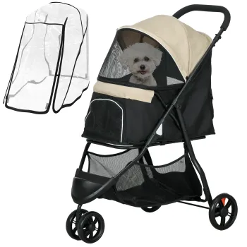 PawHut Carucior pentru Caini cu 3 Roti, Carucior Pliant cu Husa de Ploaie, Cos si Curea, 80,5x51,5x100 cm, Kaki | Aosom Romania imagine