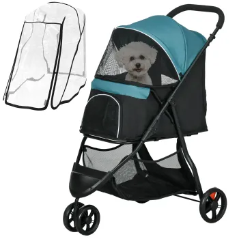 PawHut Carucior pentru Caini cu 3 Roti, Carucior Pliant cu Husa de Ploaie, Cos si Curea, 80,5x51,5x100 cm, Verde Inchis | Aosom Romania imagine