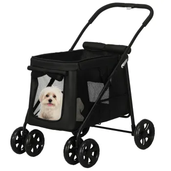 PawHut Carucior pentru caini cu perna, 3 buzunare laterale, pliabil, carucior pentru caini, 102 cm x 62 cm x 105 cm, Negru | Aosom Romania imagine