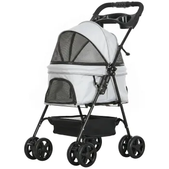 PawHut Carucior pentru caini mici cu 4 roti, frana, cos, copertina, curele de siguranta si ferestre 67x45x96 cm gri deschis | Aosom Romania imagine