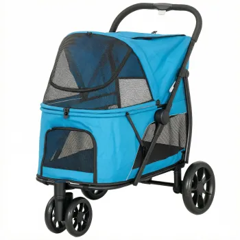 PawHut Carucior pentru caini pliabil cu 3 roti Ferestre din plasa Perna lavabila Off-road Capacitate 20 kg 92x63x95 cm Albastru | Aosom Romania imagine