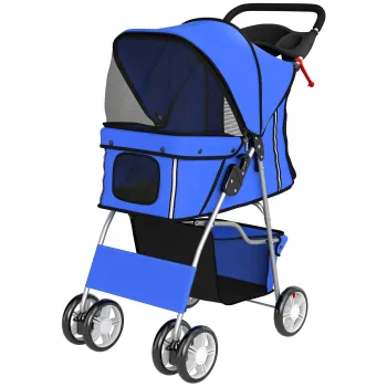 PawHut Carucior pentru Caini Pliabil cu Benzi Reflectorizante, Roti Rotative, Frane si Perna Lavabila, Albastru | Aosom Romania imagine