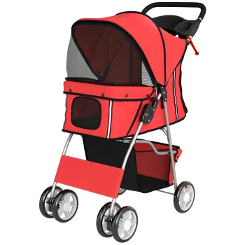 PawHut Carucior pentru Caini Pliabil cu Benzi Reflectorizante, Roti Rotative, Frane si Pernuta Lavabila, Rosu | Aosom Romania imagine