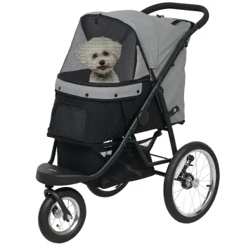 PawHut Carucior pentru caini pliabil cu cos de depozitare, perna lavabila, roti din cauciuc si copertina reglabila, gri | Aosom Romania imagine