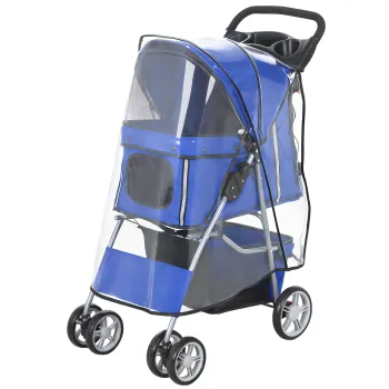 PawHut Carucior pentru Caini Pliabil cu Husa de Ploaie, Roti Pivotante si Perna Lavabila, 77x44x102 cm, Albastru | Aosom Romania imagine