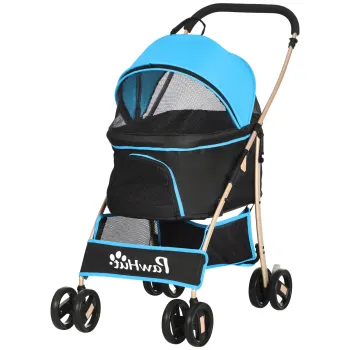 PawHut Carucior pentru Caini Pliabil si Convertibil in Geanta de Transport cu 2 Lese si Perna, 82x49.5x98 cm, Albastru | Aosom Romania imagine
