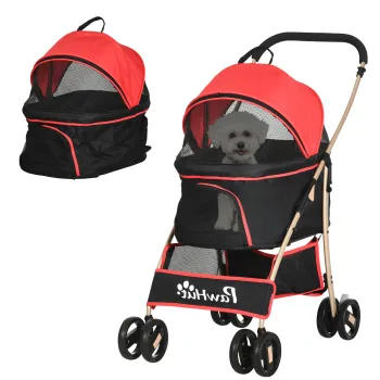 PawHut Carucior pentru Caini Pliabil si Convertibil in Geanta de Transport cu 2 Lese si Perna, 82x49.5x98 cm, Rosu | Aosom Romania imagine