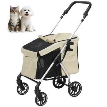 PawHut Carucior pentru caini, transport usor si pliabil pentru caini mici, perna lavabila, ferestre de plasa, Khaki | Aosom Romania imagine