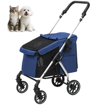 PawHut Carucior pentru caini, transport usor si pliabil pentru caini mici, perna lavabila, ferestre din plasa, Albastru inchis | Aosom Romania imagine