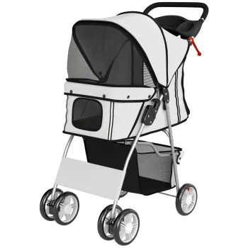 PawHut Carucior pliabil pentru caini Buggy cu banda reflectorizanta Cos de depozitare Perna pentru caini mici pana la 10 kg 77x44x102 cm Gri | Aosom Romania imagine
