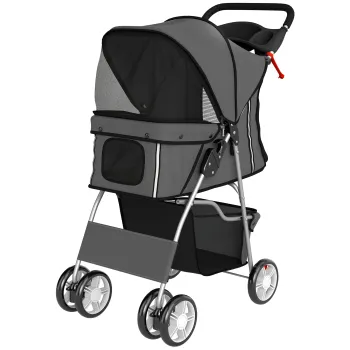 PawHut Carucior pliabil pentru caini, carucior cu banda reflectorizanta, cos de depozitare, perna pentru caini mici pana la 10 kg 77x44x102 cm gri inchis | Aosom Romania imagine