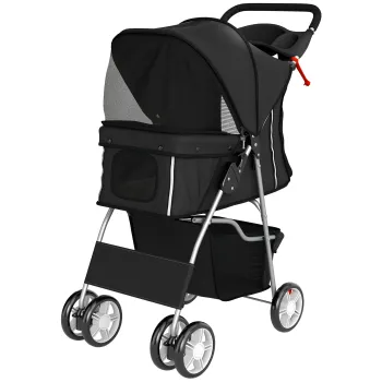 PawHut Carucior pliabil pentru caini Carucior cu benzi reflectorizante Cos depozitare Perna pentru caini mici pana la 10 kg 77x44x102 cm Negru | Aosom Romania imagine